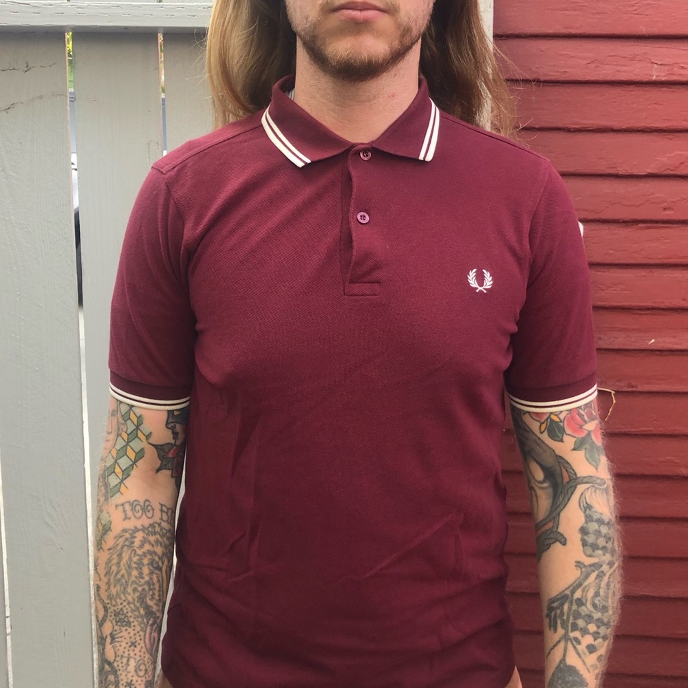 Fred Perry polo in burgundy and white. Size small